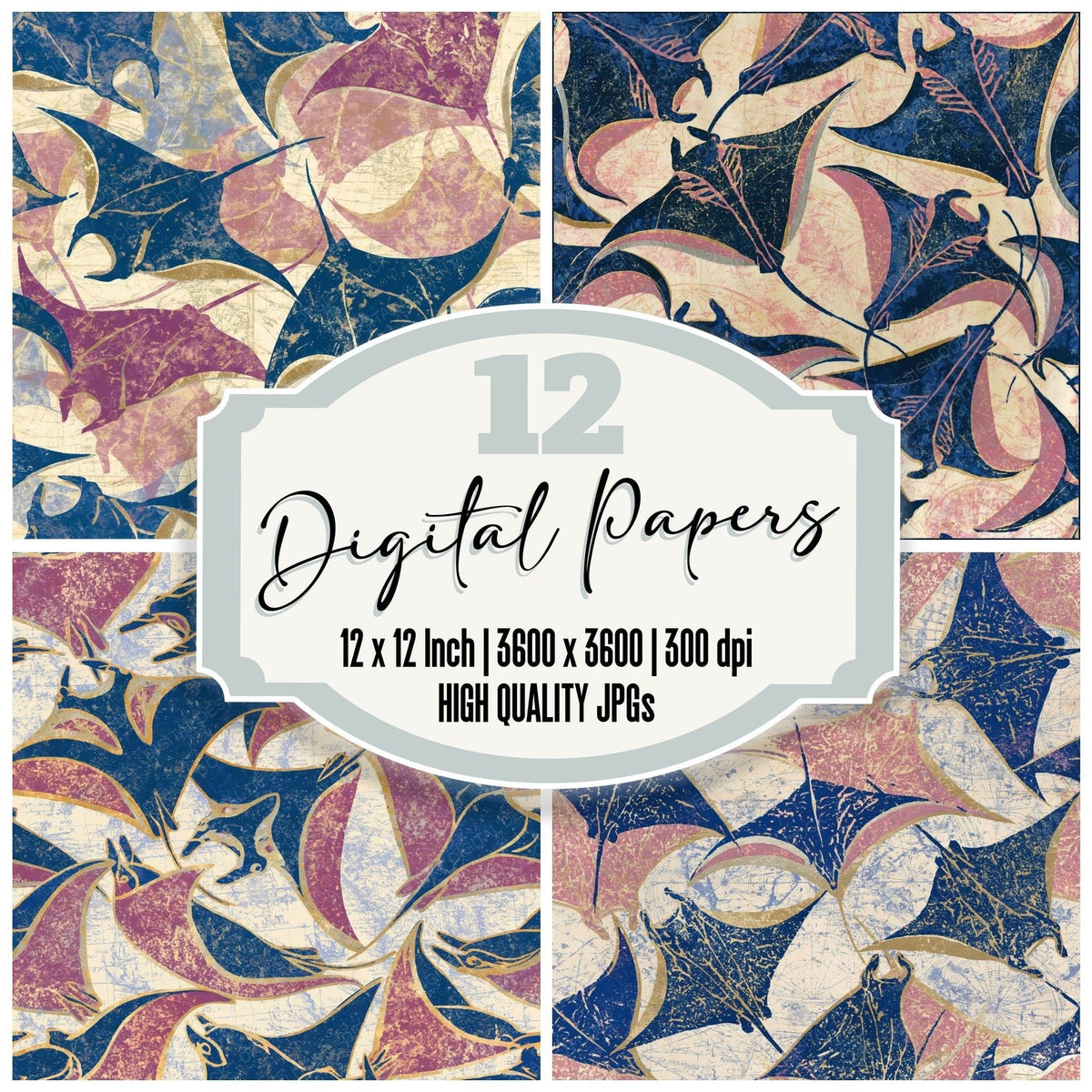 Indian Block Print Manta Rays Indigo Rose digital paper pack cover showing four of the 12 papers