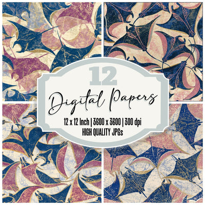 Indian Block Print Manta Rays Indigo Rose Digital Paper Pack (DDD016205)