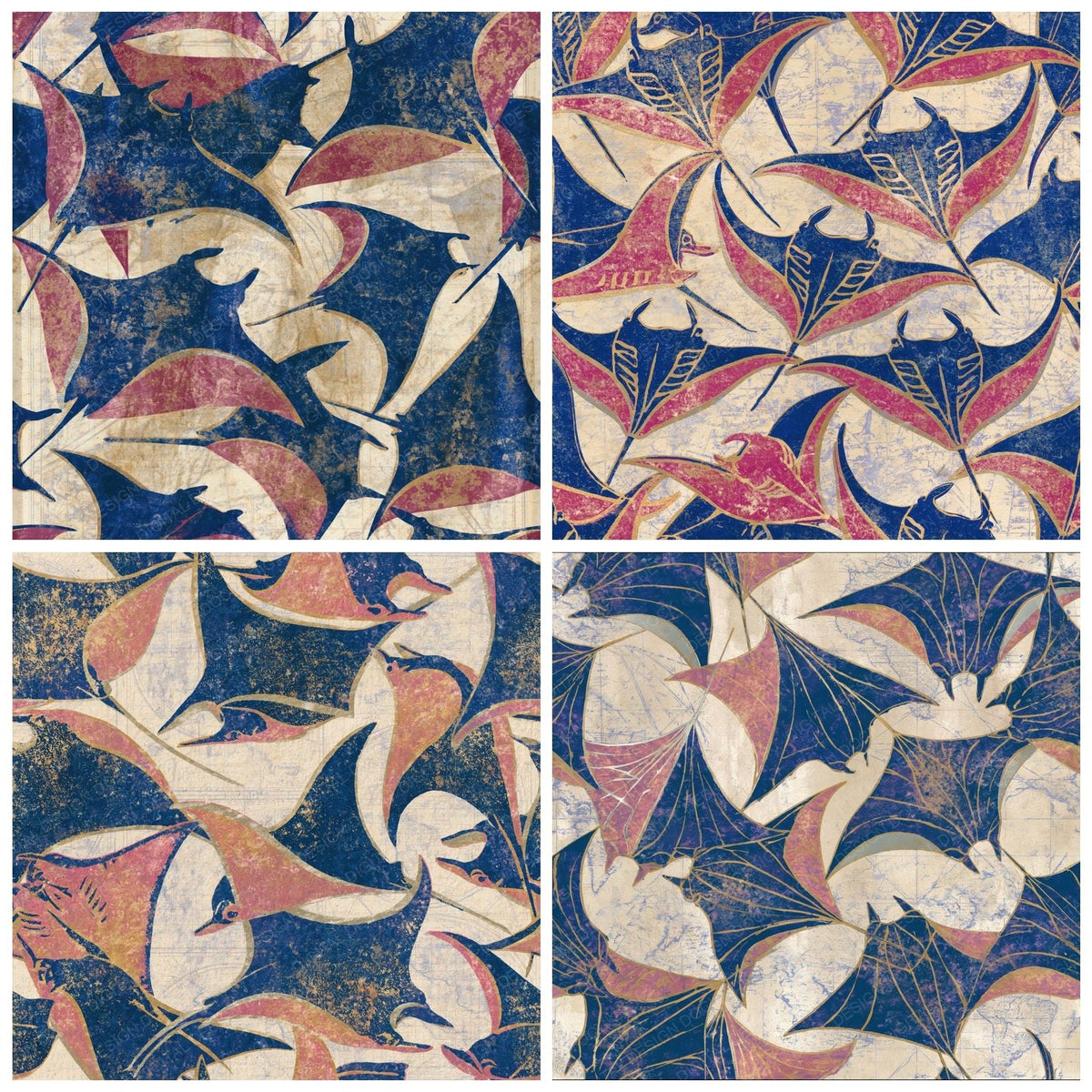 Four Indian Block Print Manta Rays Indigo Rose digital papers from the pack shown in a grid