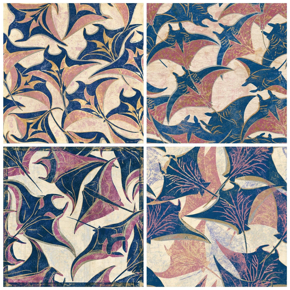 Four more Indian Block Print Manta Rays Indigo Rose digital papers from the pack shown in a grid