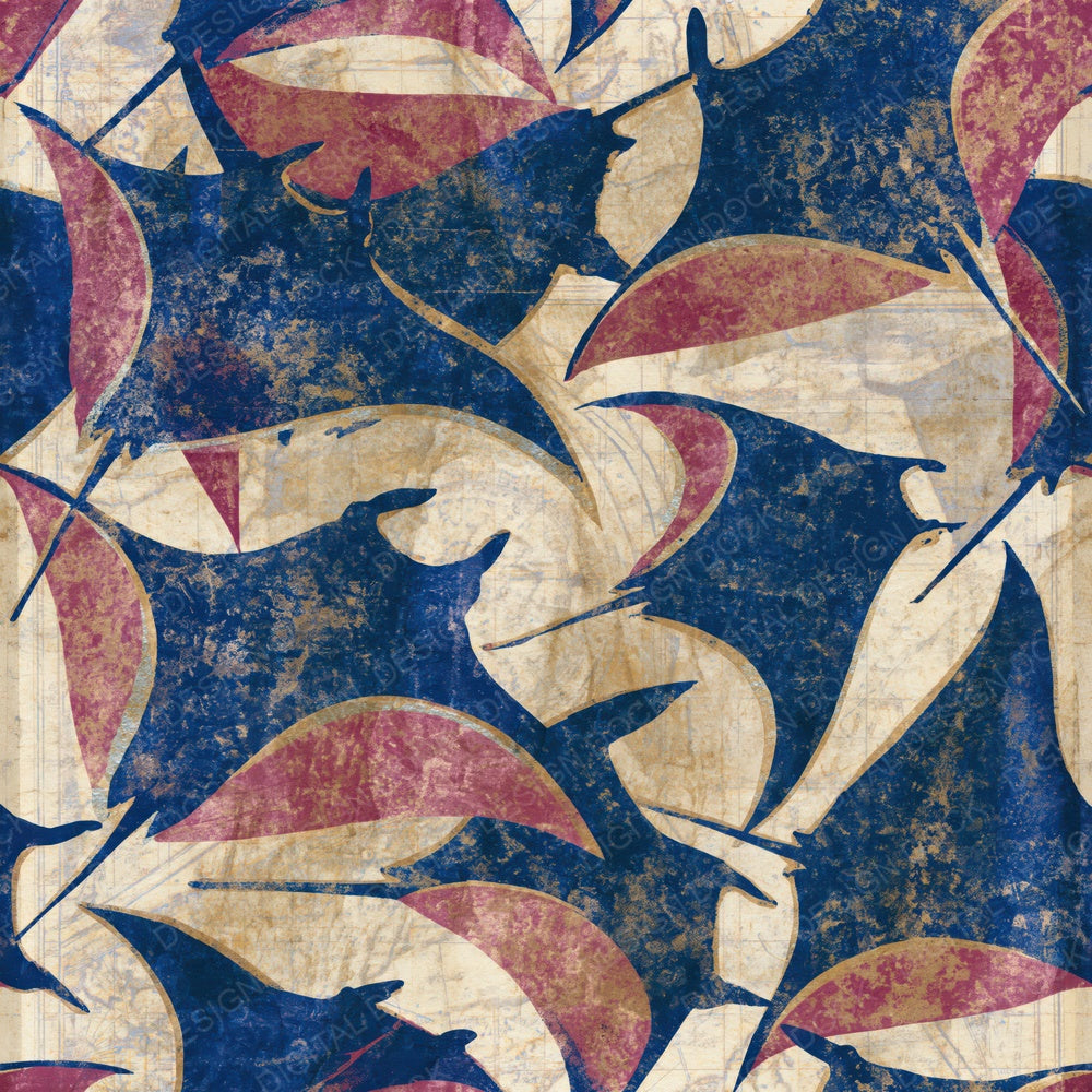 Single Indian Block Print Manta Rays Indigo Rose digital paper shown full size