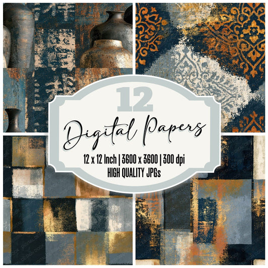 Indian Block Print Pewter Slate Bone Abstract Seamless Digital Paper Pack (DDD016207)