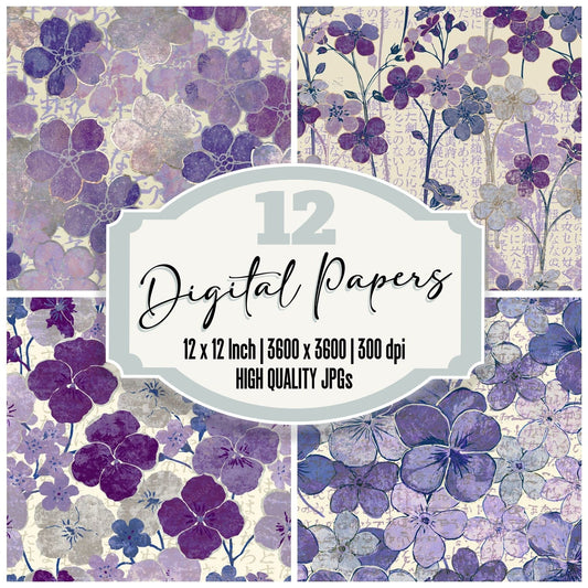 Woodblock Forget Me Nots Amethyst Digital Paper Pack (DDD016223)
