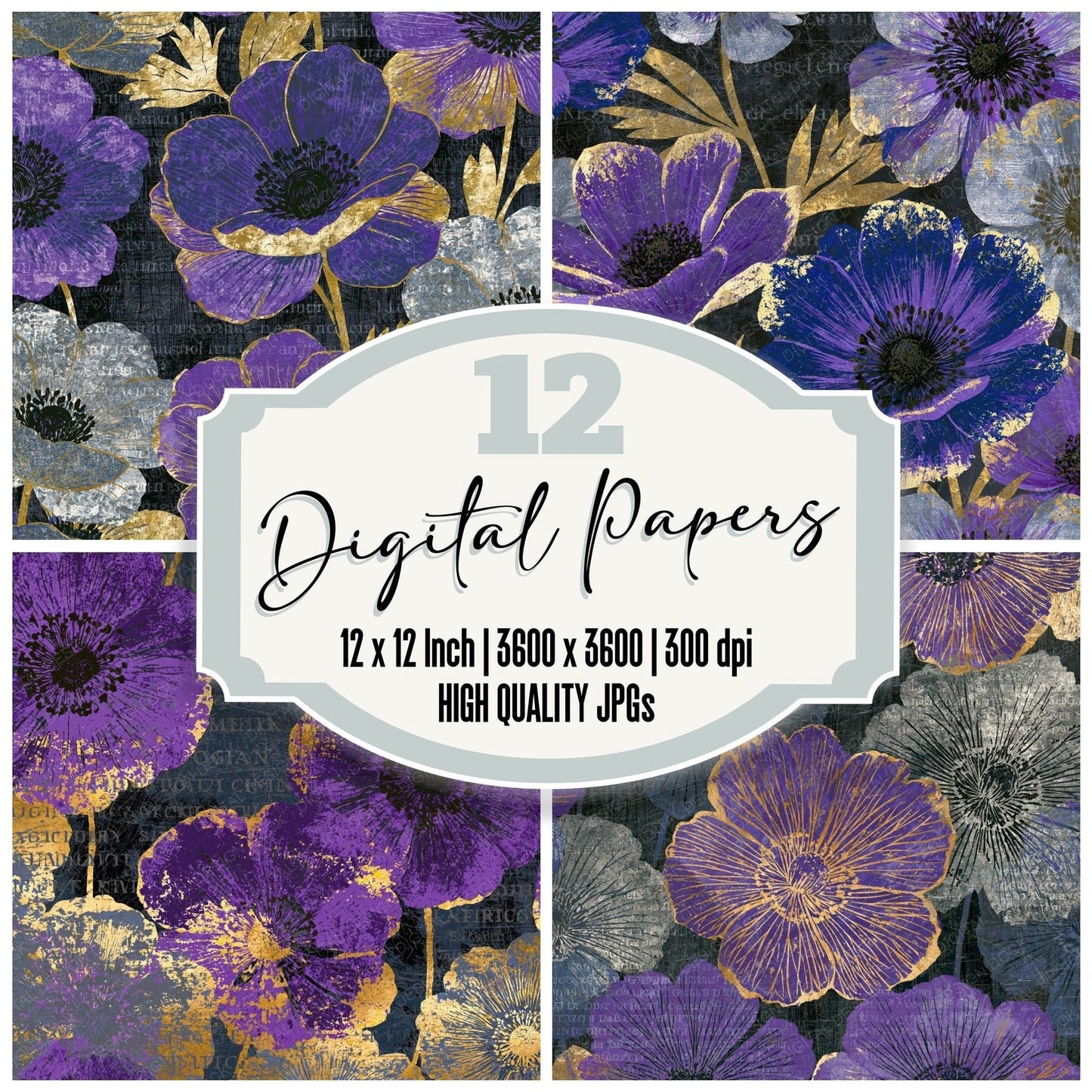 Scratchboard Anemones Purple Silver Digital Paper Pack (DDD016233)