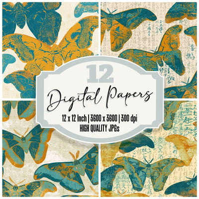 Screenprint Atlas Moths Teal Saffron Digital Paper Pack (DDD016236)
