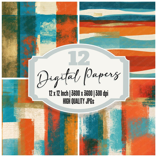 Screenprint Tangerine Aqua Abstract Seamless Digital Paper Pack (DDD016241)