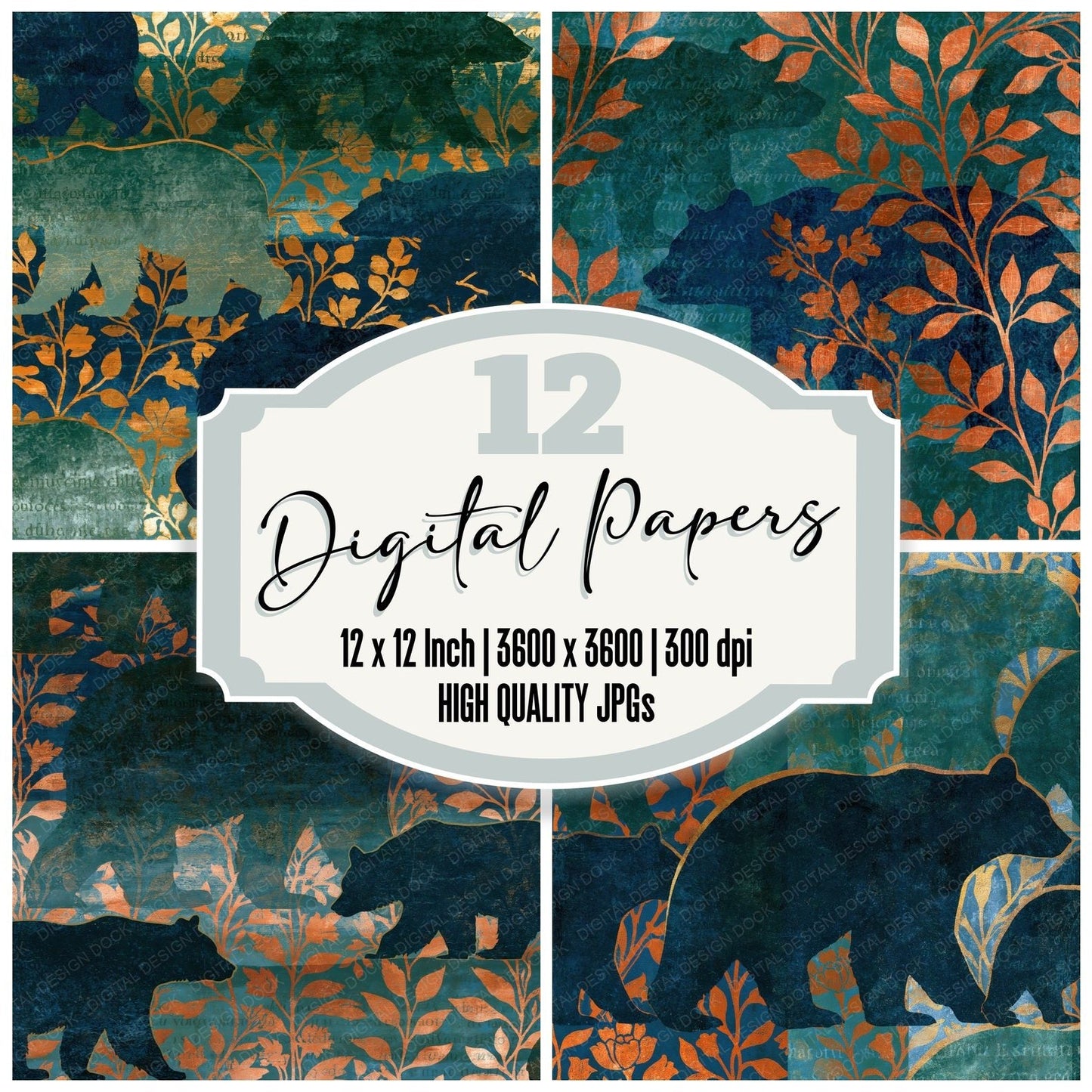 Woodblock Bear Midnight Green Copper Digital Paper Pack (DDD016242)