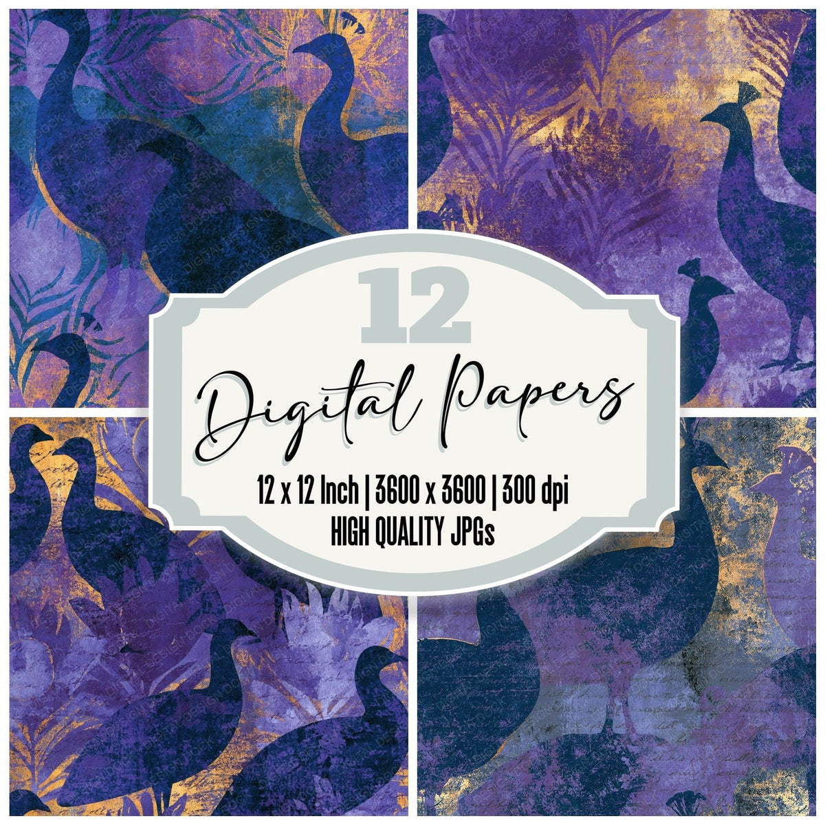 Woodblock Peacock Lavender Cream digital paper pack cover showing four of the 12 papers