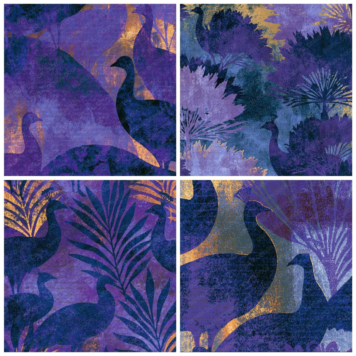 Four Woodblock Peacock Lavender Cream digital papers from the pack shown in a grid