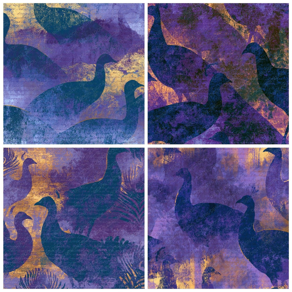 Four more Woodblock Peacock Lavender Cream digital papers from the pack shown in a grid