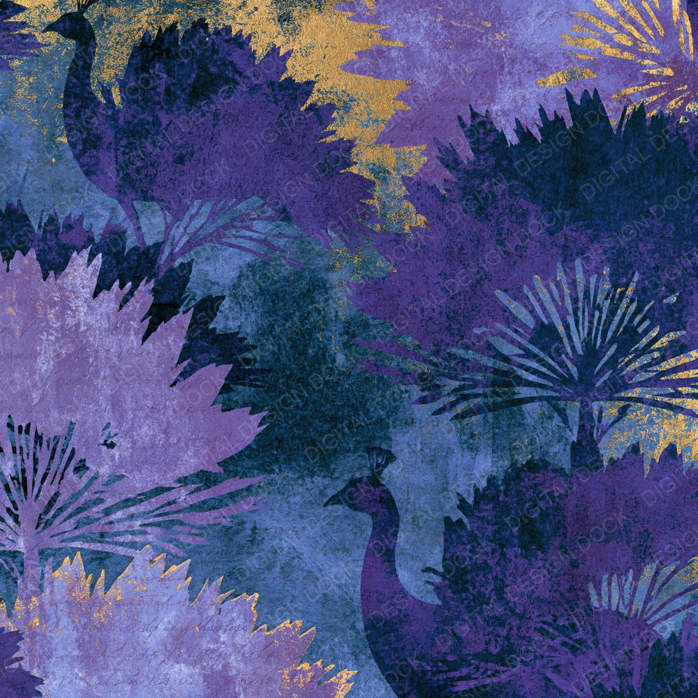 Another Woodblock Peacock Lavender Cream digital paper shown full size