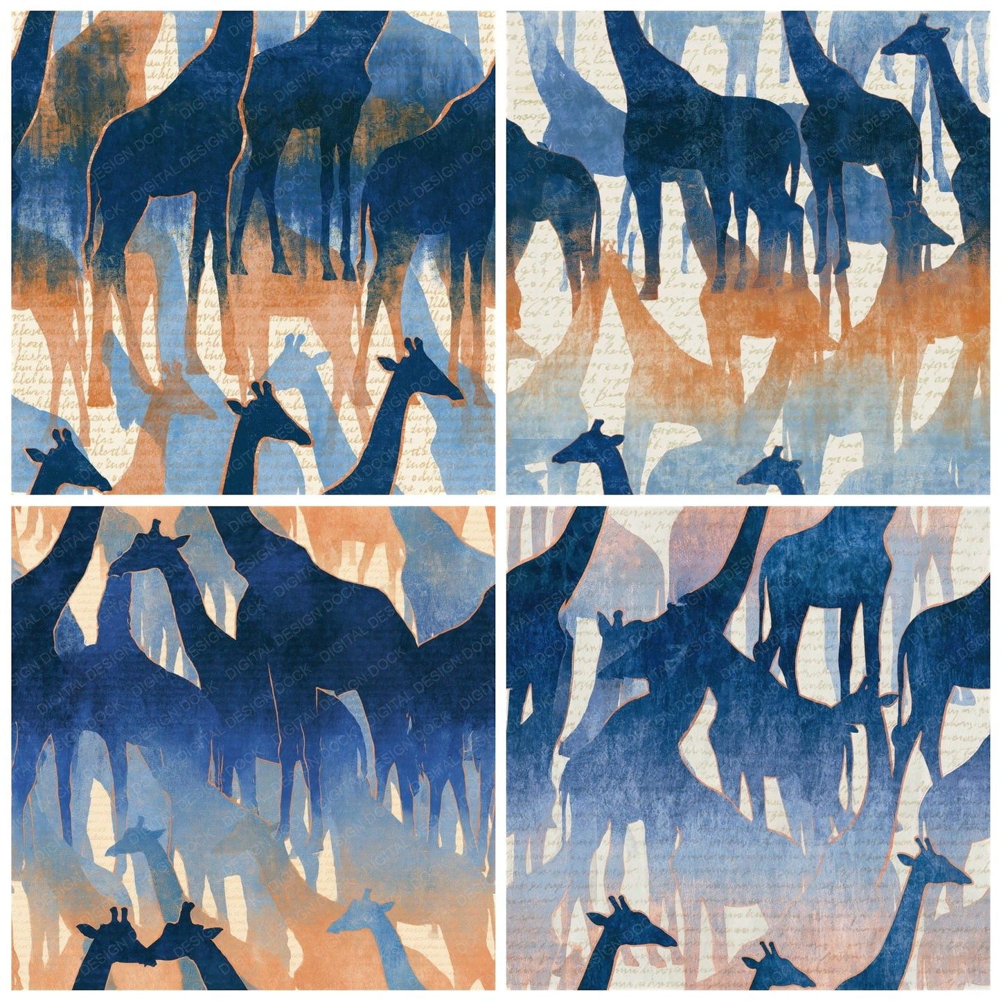 Indian Block Giraffe Navy Bone Seamless Digital Paper Pack (DDD016245)
