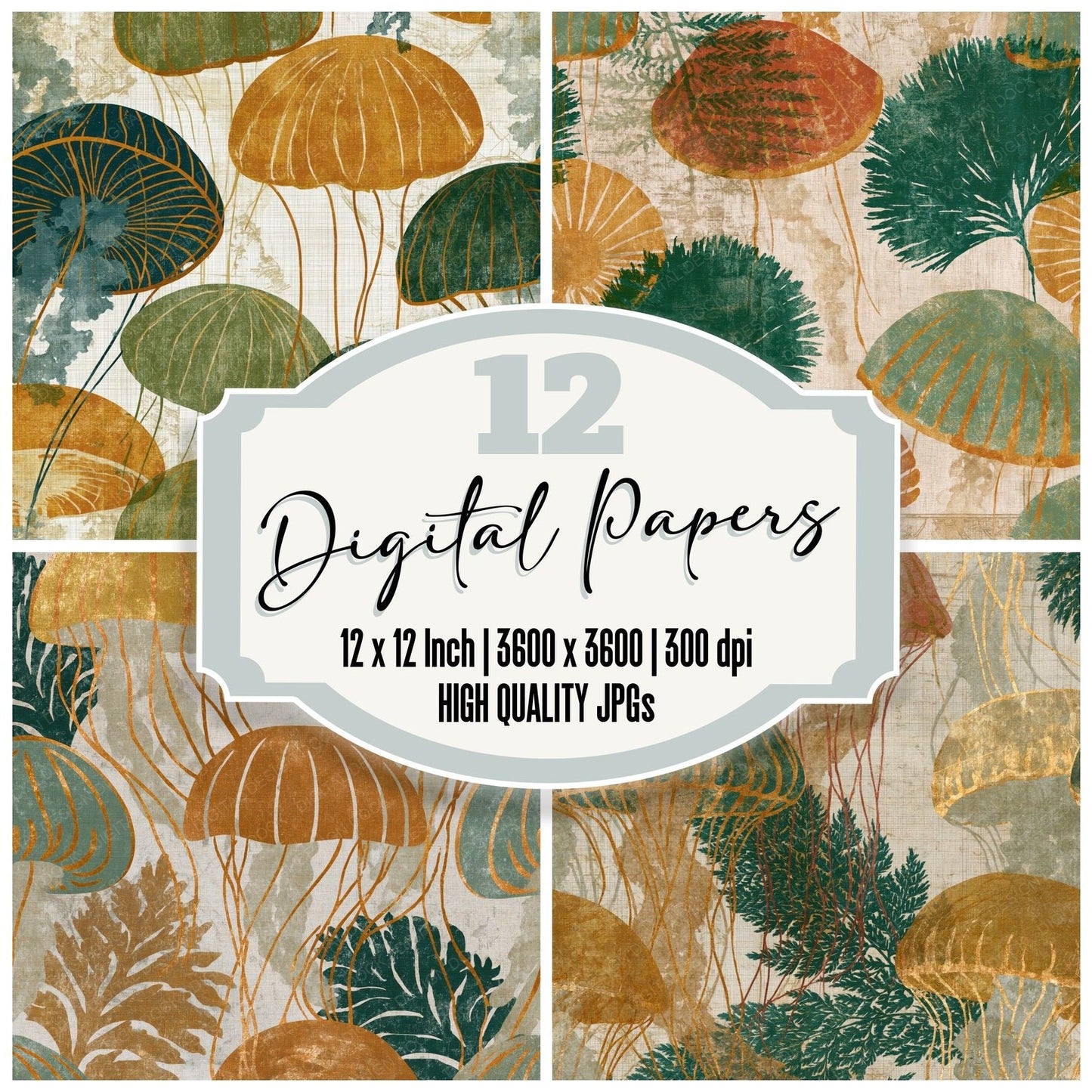 Lithograph Jellyfish Fern Ochre Digital Paper Pack (DDD016253)