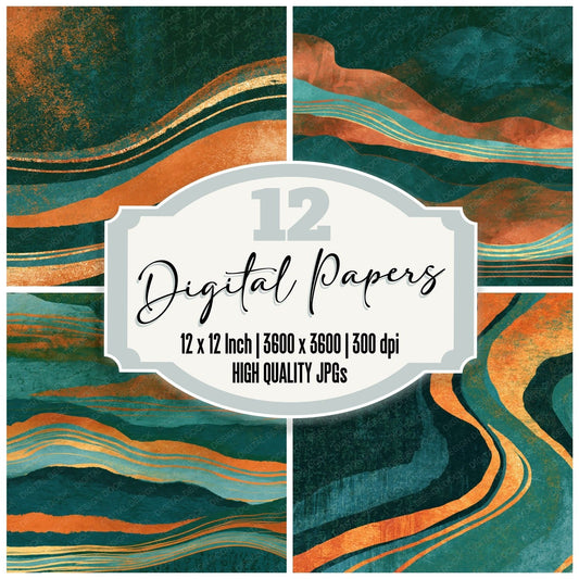 Woodblock Jade Copper Abstract Digital Paper Pack (DDD016264)