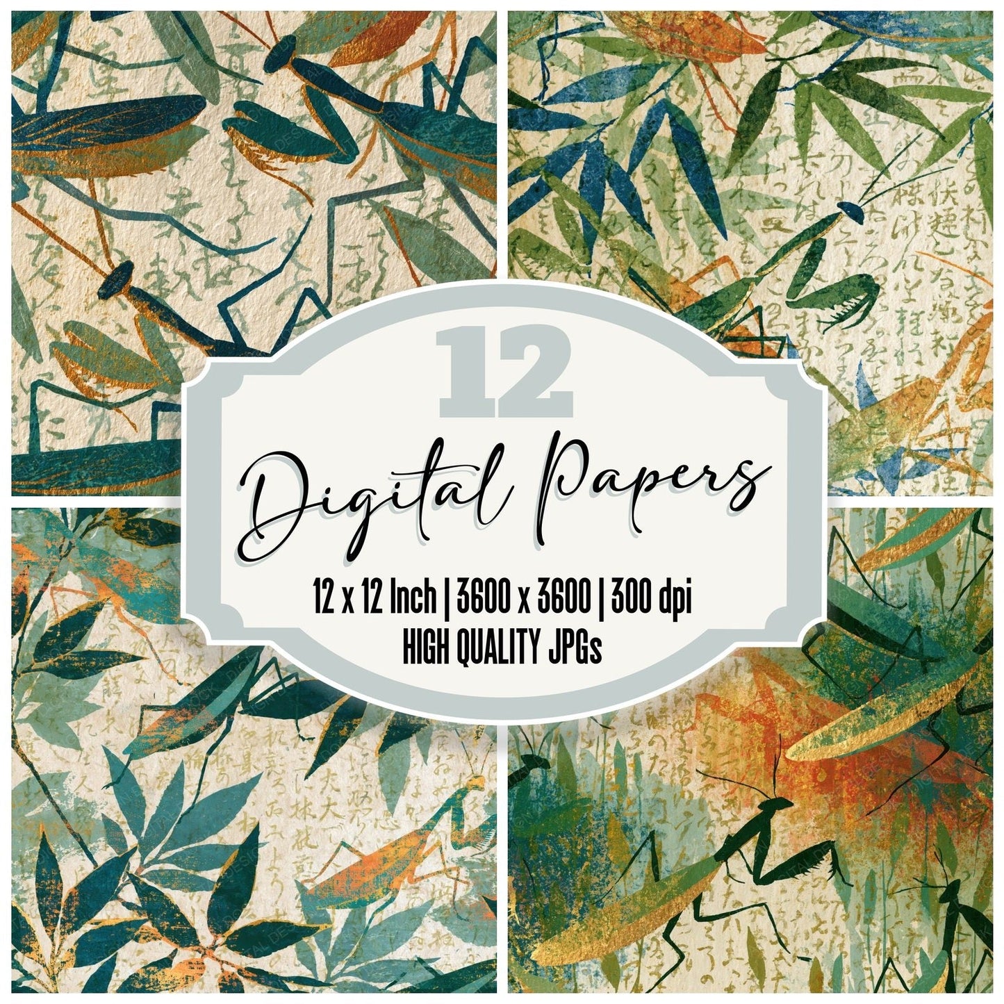 Indian Blockprint Mantis Sage Gilded Digital Paper Pack (DDD016270)