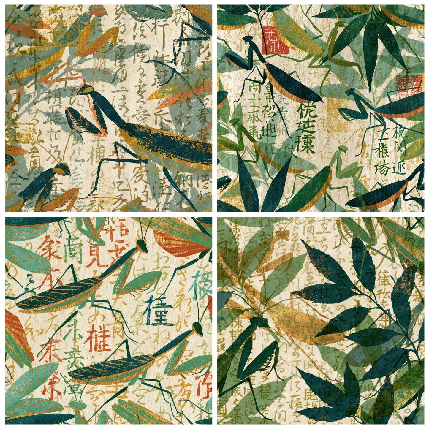 Indian Blockprint Mantis Sage Gilded Digital Paper Pack (DDD016270)