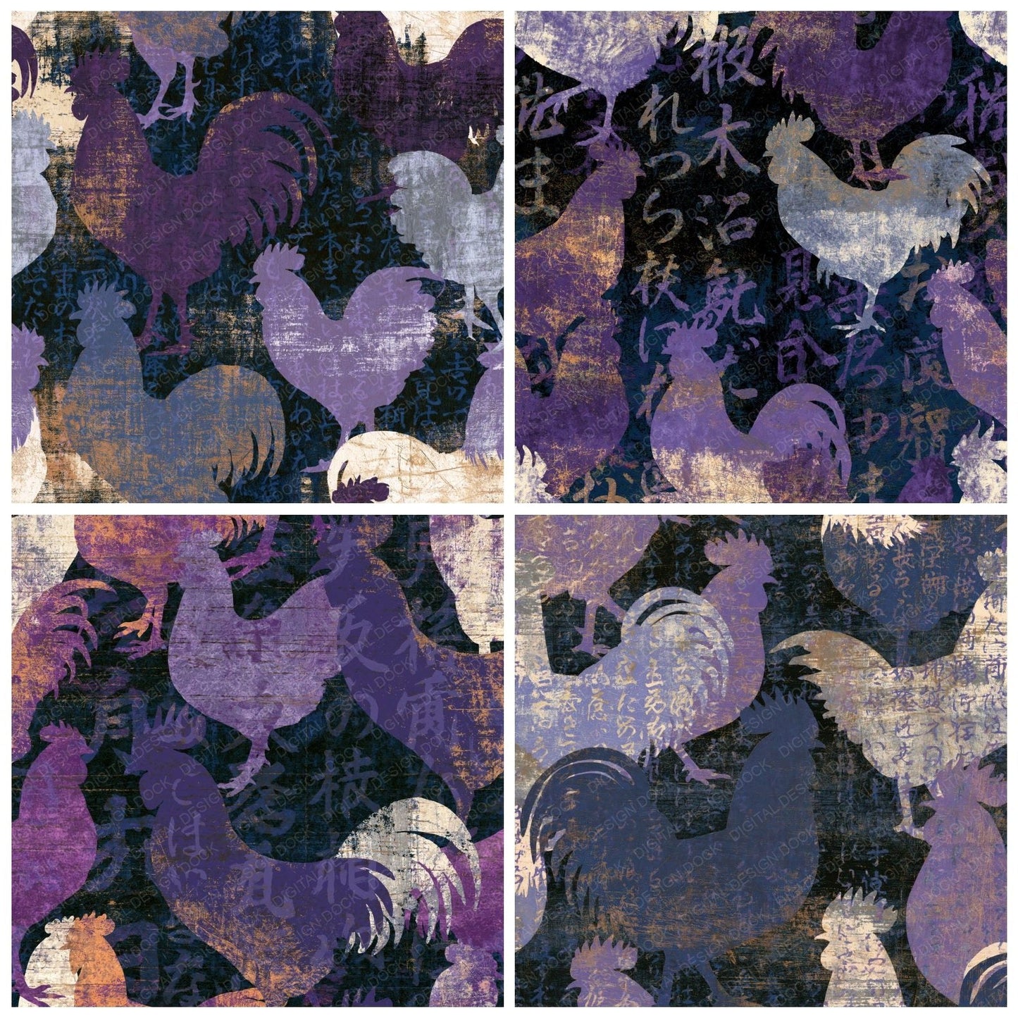 Scratchboard Roosters Amethyst Lavender Digital Paper Pack (DDD016280)