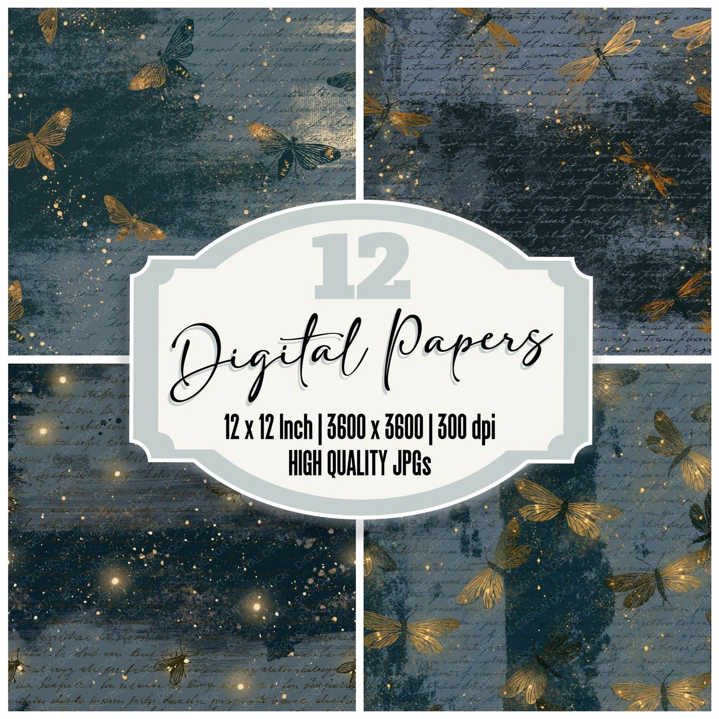 Woodblock Fireflies Pewter Slate Digital Paper Pack (DDD016283)