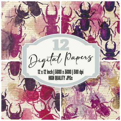 Woodblock Stag Beetles Plum Seamless Digital Paper Pack (DDD016284)