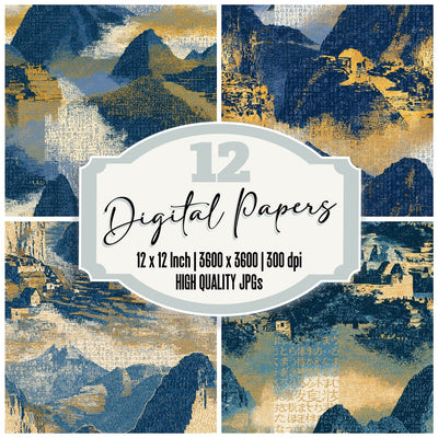 ASCII Machu Picchu Slate Butter Seamless digital paper pack cover showing four of the 12 papers