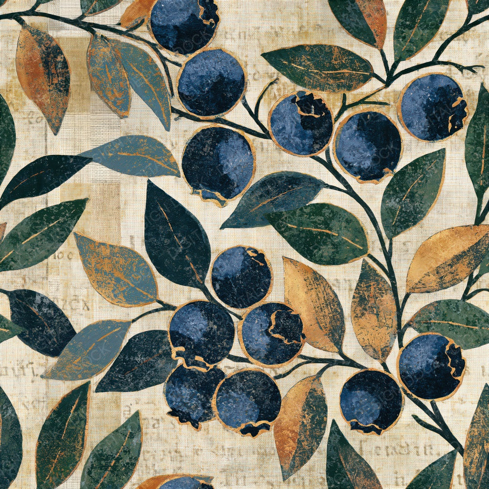 Block Print Blueberries Fern Ochre Seamless Digital Paper Pack (DDD016286)