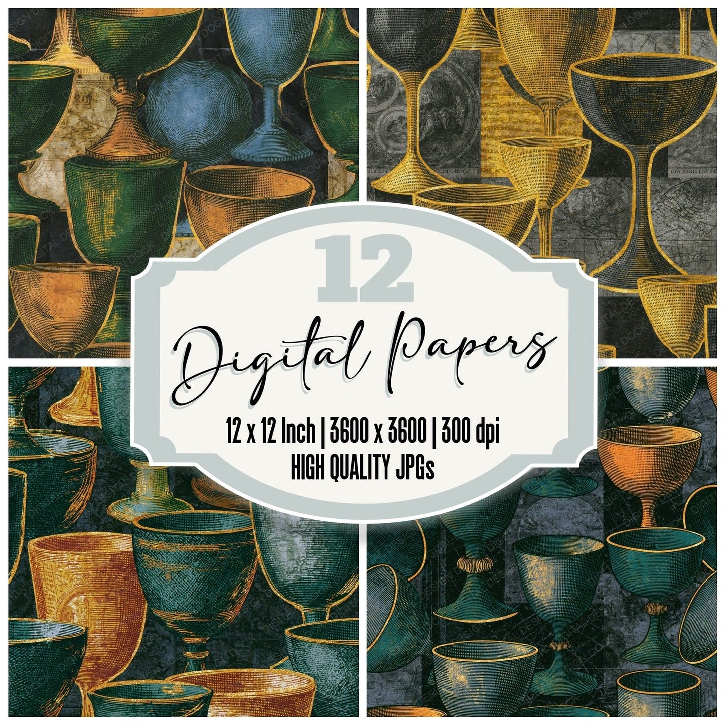 Engraving Tarot Cups Forest Saffron Seamless Digital Paper Pack (DDD016288)
