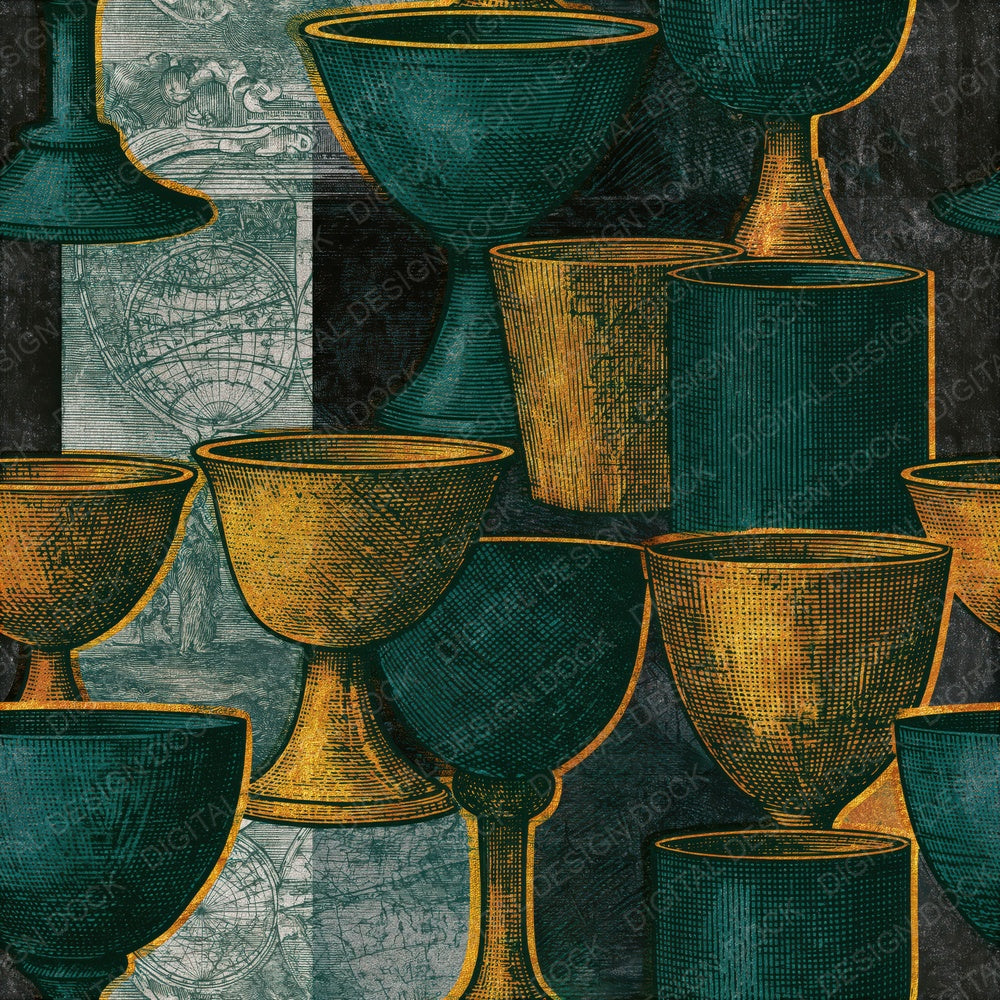 Engraving Tarot Cups Forest Saffron Seamless Digital Paper Pack (DDD016288)