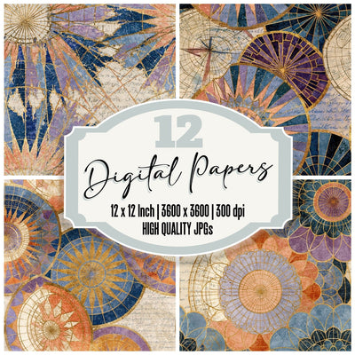 Mandala Planisphere Peach Lavender Seamless digital paper pack cover showing four of the 12 papers
