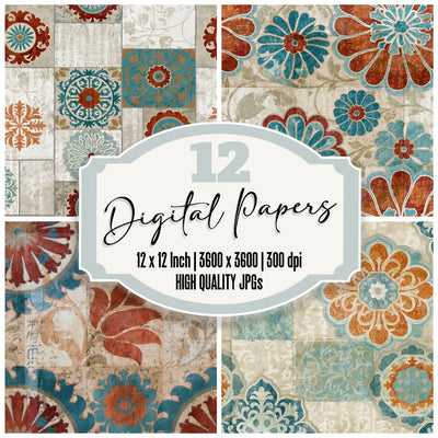 X-ray Suzani Rust Turquoise Seamless Digital Paper Pack (DDD016304)