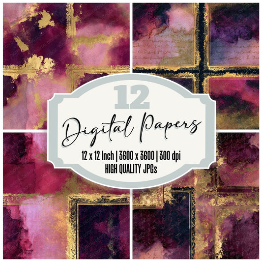 Illuminated Manuscript Blackberry Burgundy Abstract Seamless Digital Paper Pack (DDD016312)
