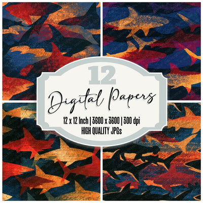Risograph Sharks Oxblood Copper Seamless Digital Paper Pack (DDD016318)