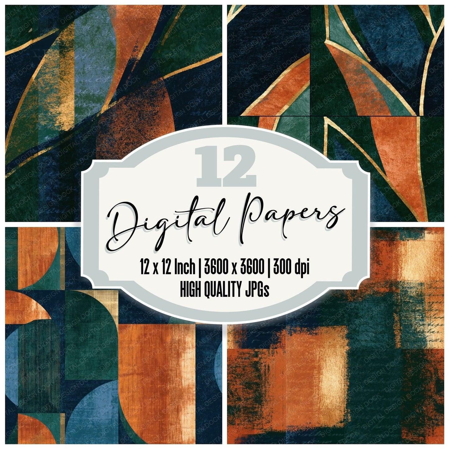 Woodblock Midnight Copper Navy Abstract Seamless Digital Paper Pack (DDD016322)