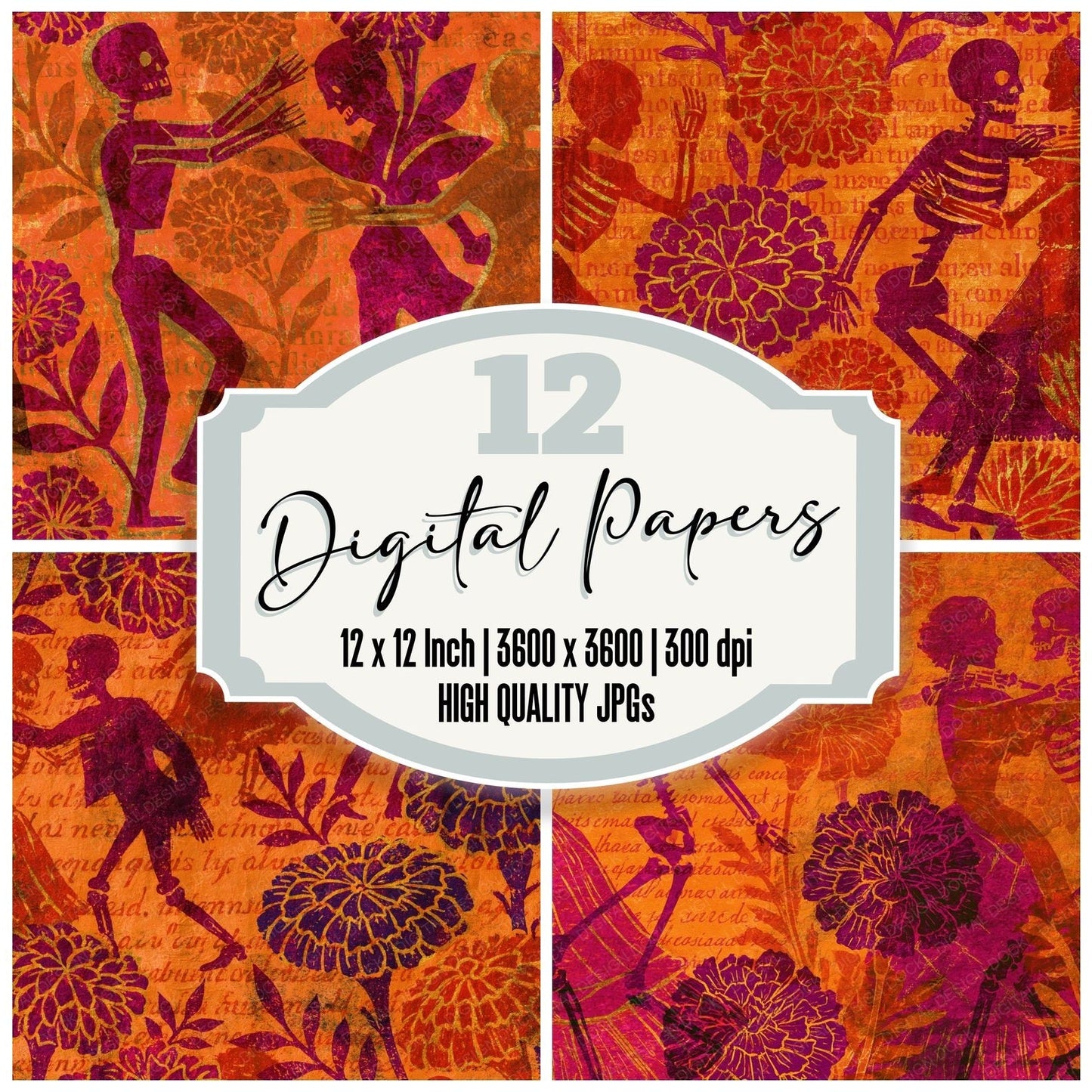 Mexico Skeleton Marigold Papaya Digital Paper Pack (DDD016337)