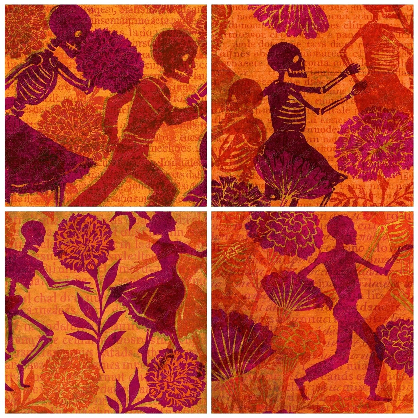 Mexico Skeleton Marigold Papaya Digital Paper Pack (DDD016337)