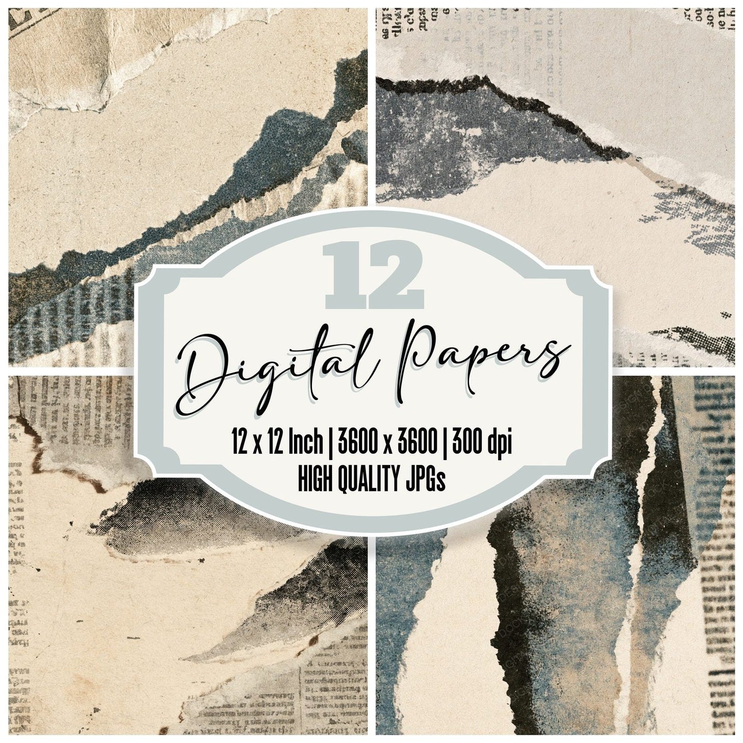 Newspaper Torn Fragment Pewter Digital Paper Pack (DDD016343)