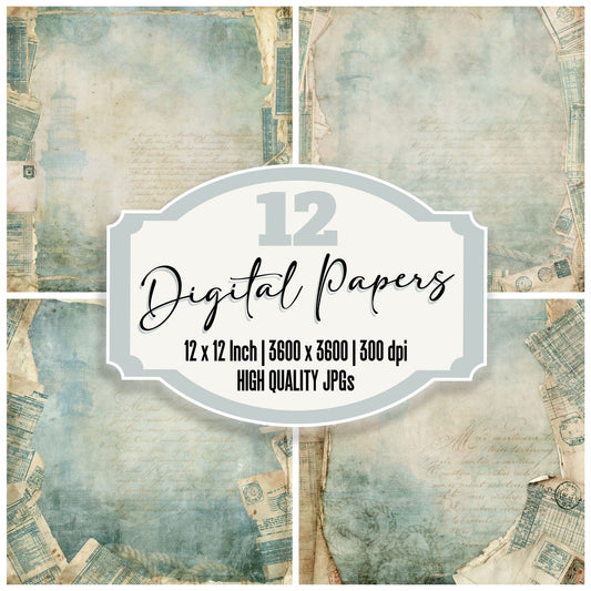 Nautical Lighthouse Rope Teal digital paper pack cover showing four of the 12 papers