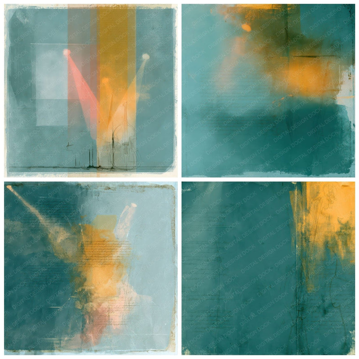 Four more Jazz Bass Teal Marigold digital papers from the pack shown in a grid