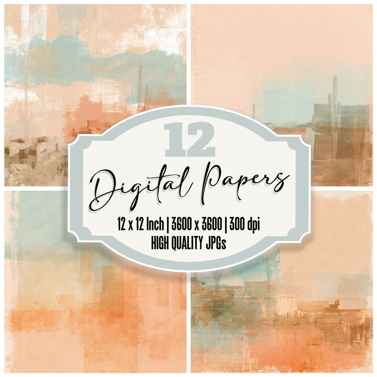 Desert Saguaro Terracotta Turquoise digital paper pack cover showing four of the 12 papers