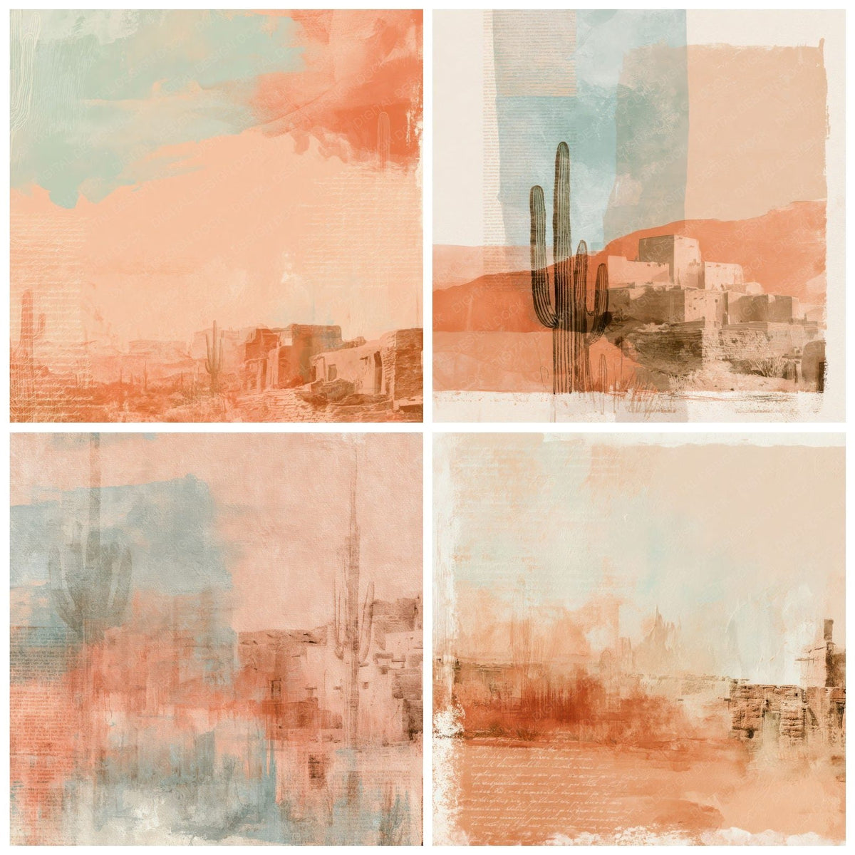 Four Desert Saguaro Terracotta Turquoise digital papers from the pack shown in a grid