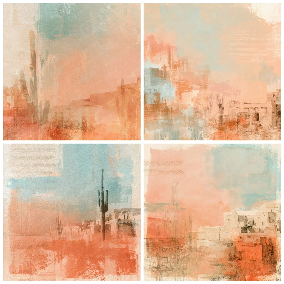 Four more Desert Saguaro Terracotta Turquoise digital papers from the pack shown in a grid