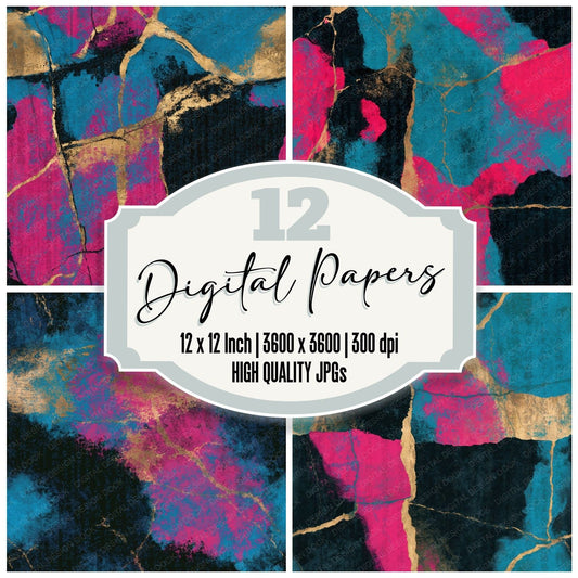 Kintsugi Pink Cyan Abstract Seamless Digital Paper Pack (DDD016454)