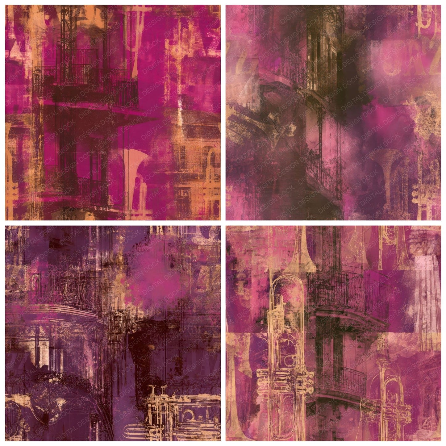 Mardi Gras Trumpet Aubergine Magenta Seamless Digital Paper Pack (DDD016457)