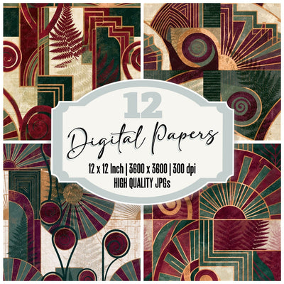 Art Deco Fiddlehead Fern Burgundy Seamless Digital Paper Pack (DDD016465)
