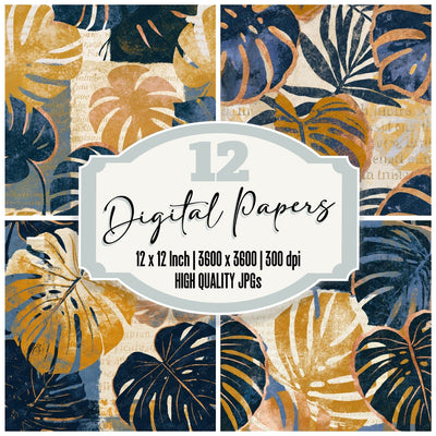 Collage Monstera Mustard Navy Seamless Digital Paper Pack (DDD016468)