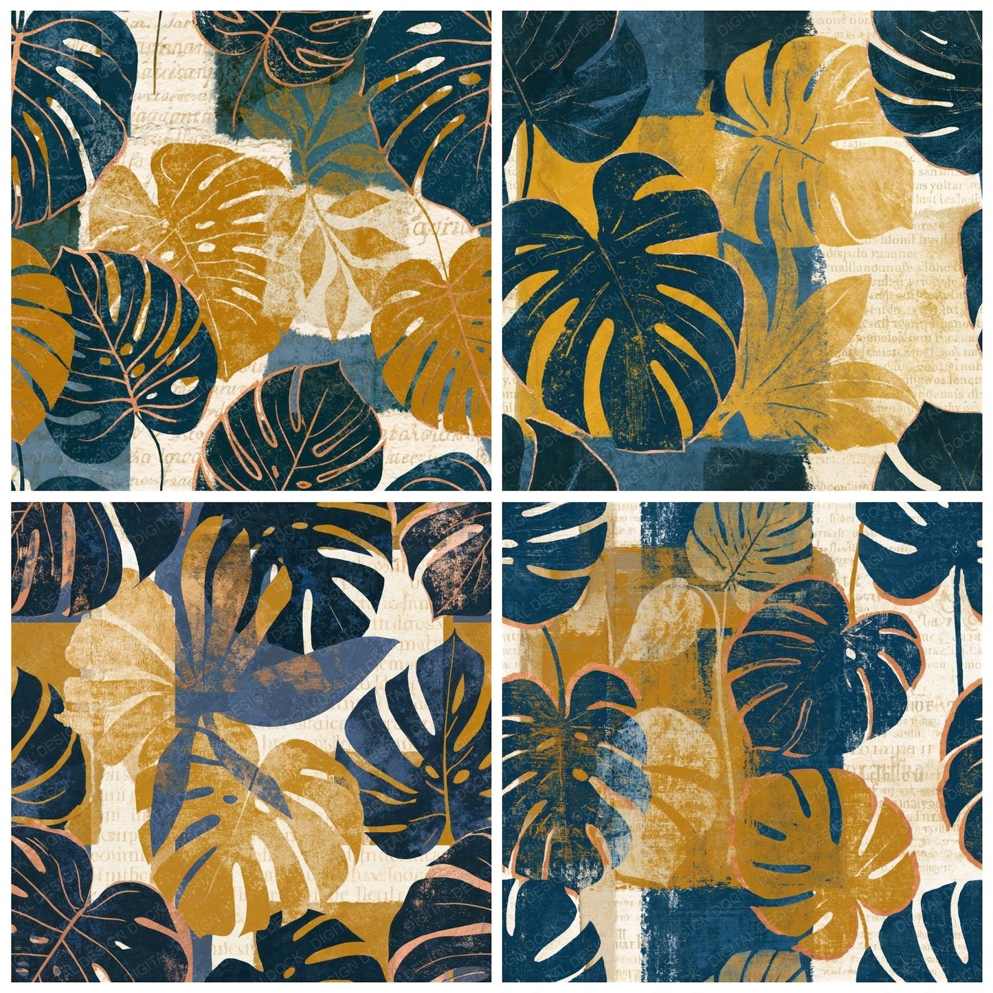 Collage Monstera Mustard Navy Seamless Digital Paper Pack (DDD016468)