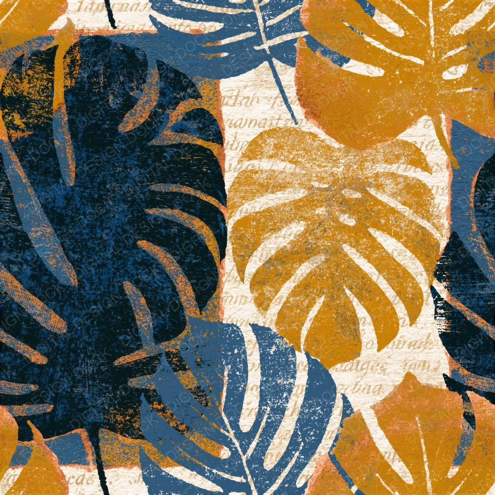 Collage Monstera Mustard Navy Seamless Digital Paper Pack (DDD016468)
