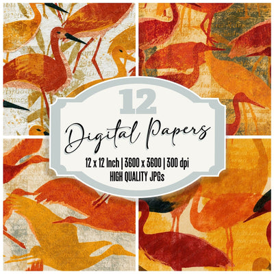 Indian Block Print Storks Pumpkin Seamless Digital Paper Pack (DDD016471)