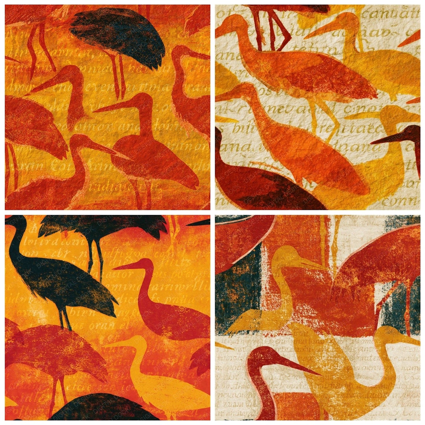 Indian Block Print Storks Pumpkin Seamless Digital Paper Pack (DDD016471)