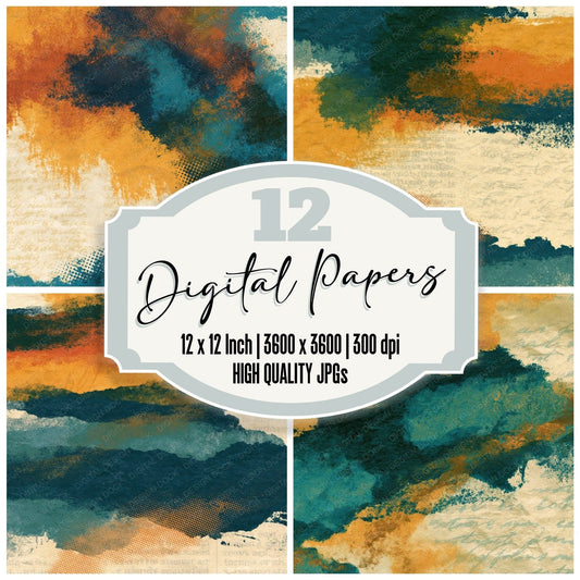 Vintage Newsprint Ochre Teal Abstract Digital Paper Pack (DDD016482)