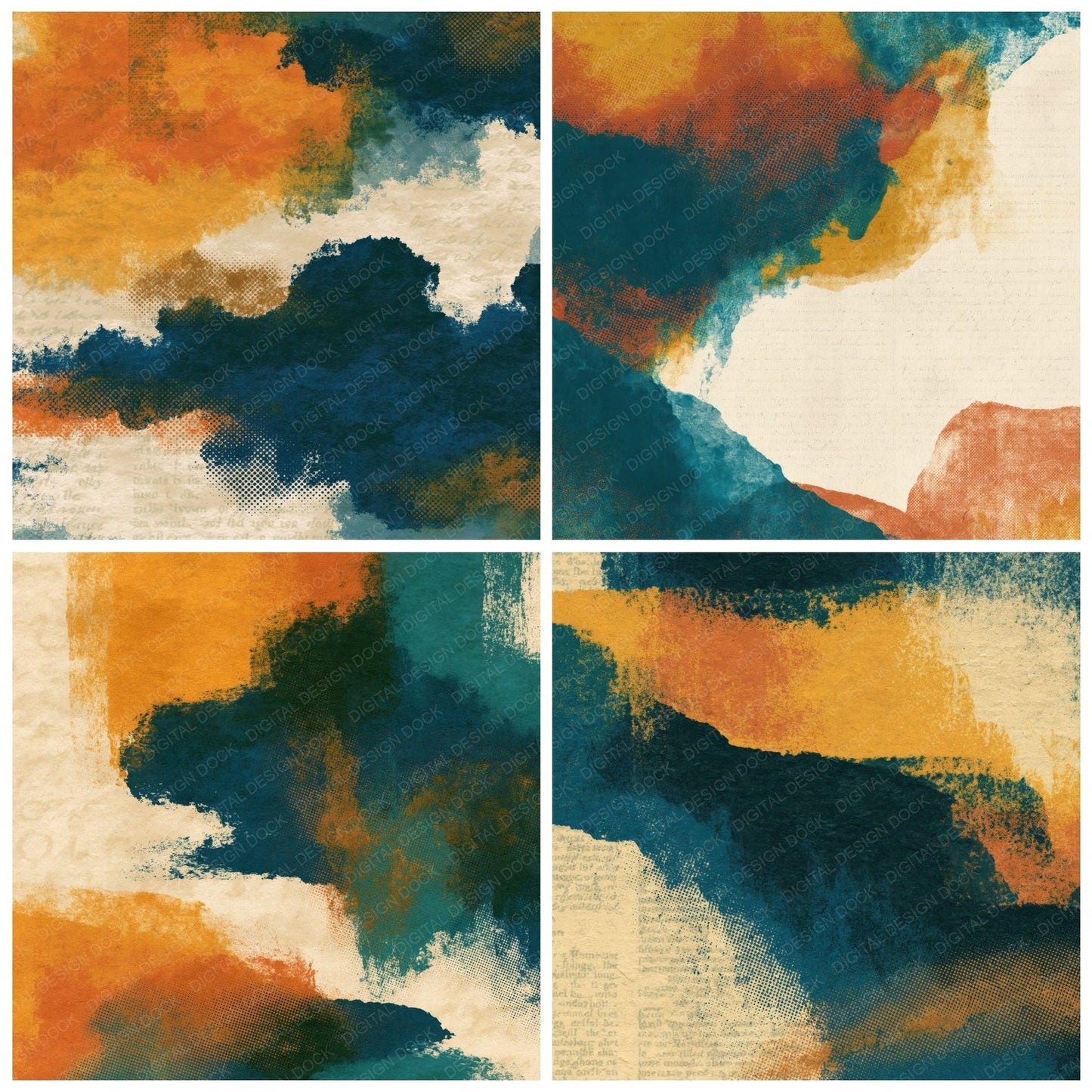 Vintage Newsprint Ochre Teal Abstract Digital Paper Pack (DDD016482)
